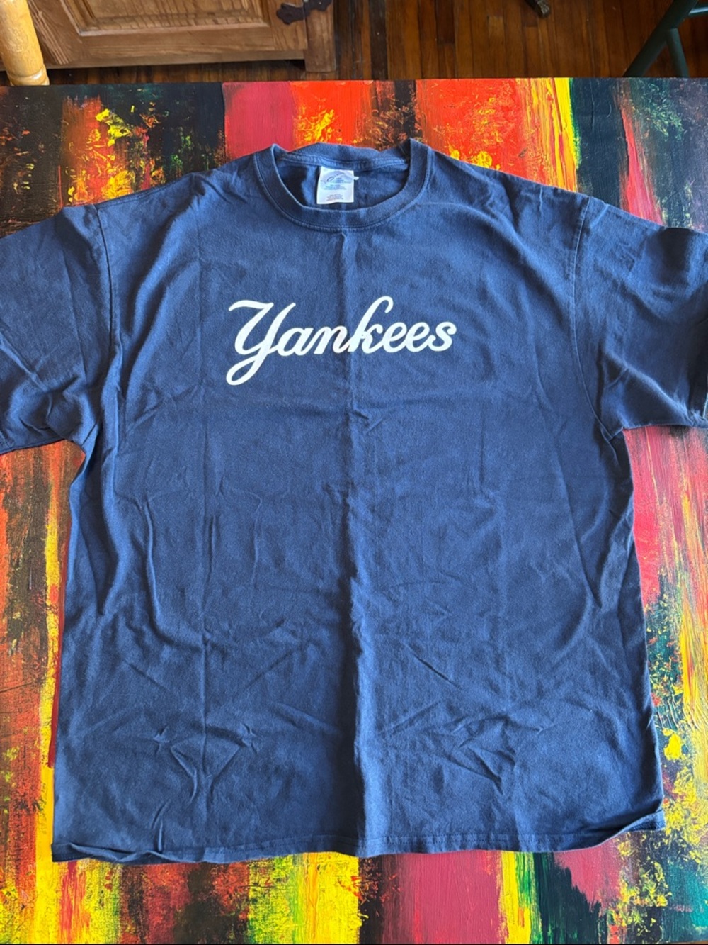 Port and Company Navy Short Sleeve Tee with White Yankees Script Logo